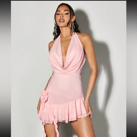 Cowl Neck Three-Dimensional Floral Ruffle Pink Mini Dress For Valentine'S Day - Picture 4 of 6